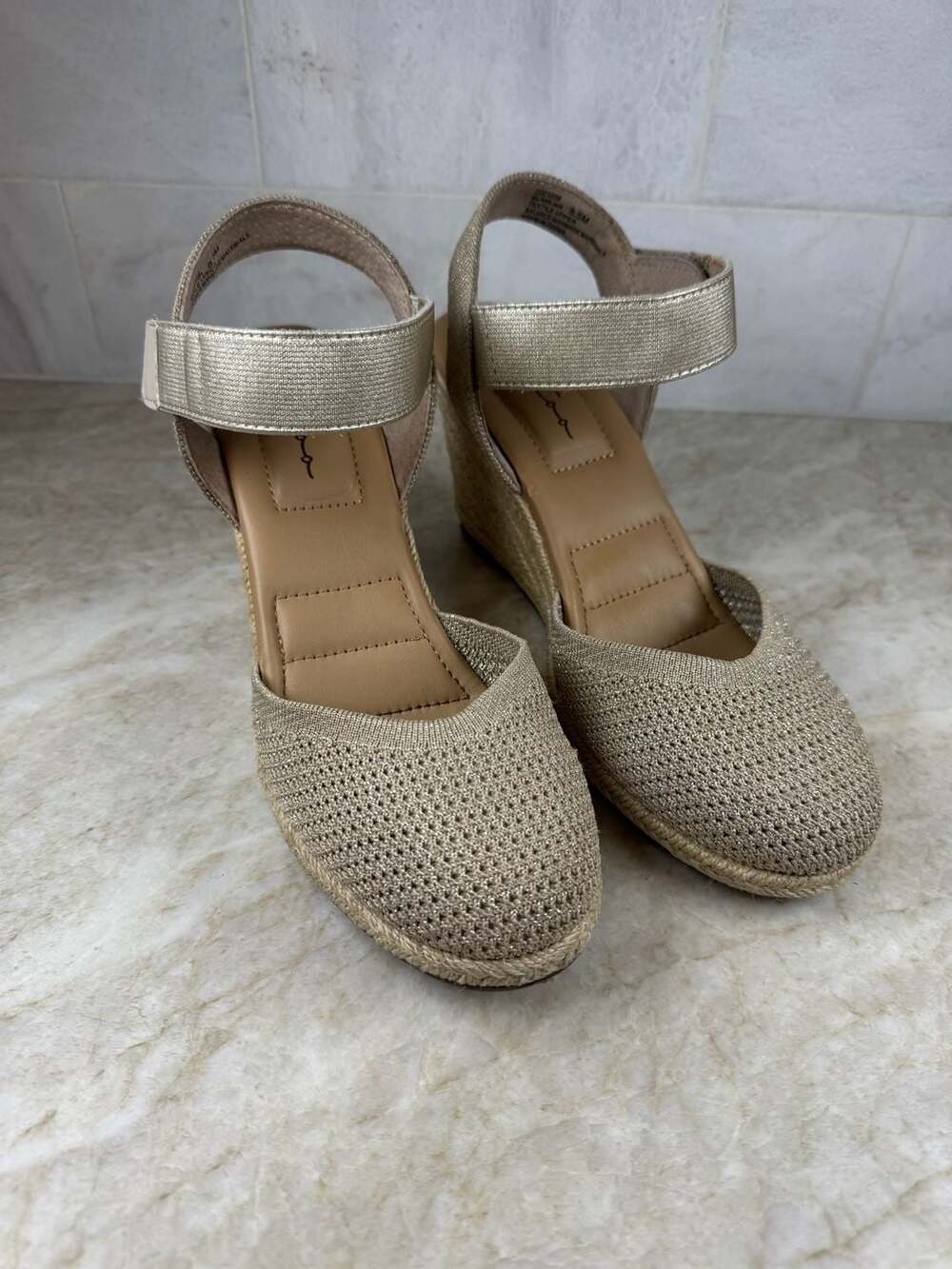 Me Too Blair Espadrille Wedge Sandals Gold Metallic Knit Womens 8.5 M - Picture 2 of 14